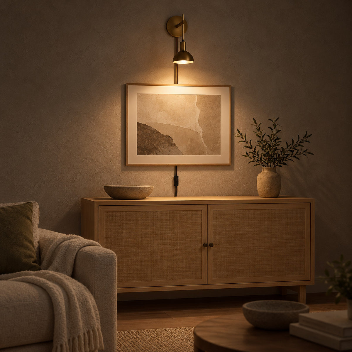 Melcasi vintaged brass plug in wall light warming living room art at night