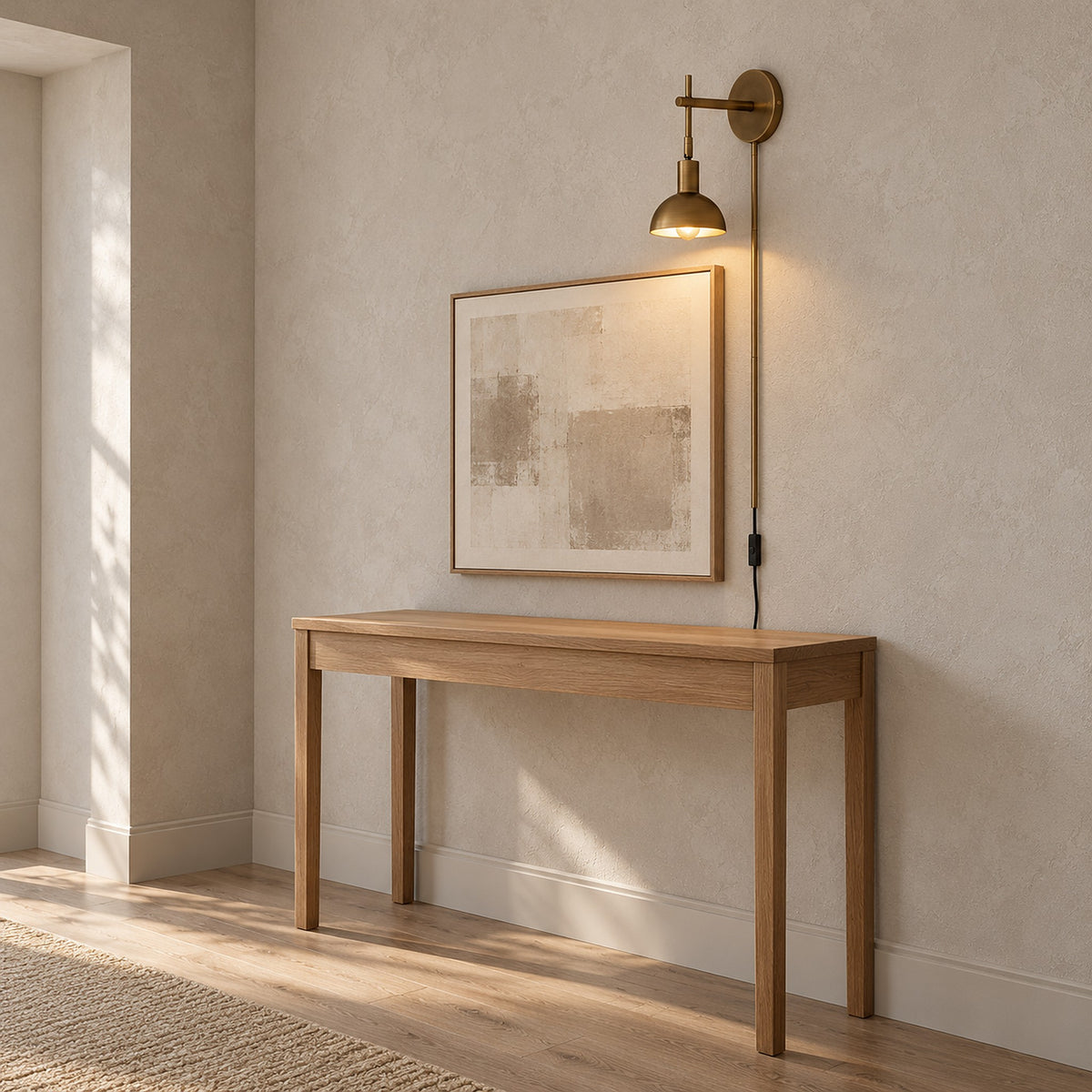 Melcasi led wall sconce with antique brass colored shade casting warm light above a framed print in an entryway