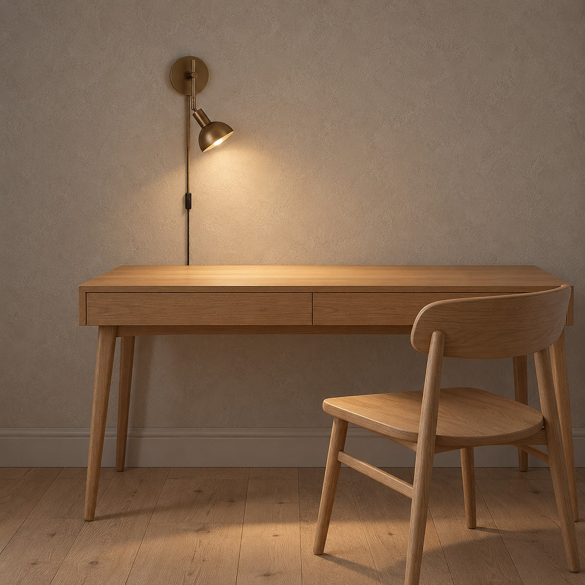 Melcasi vintaged brass wall sconce above an open desktop in a home office
