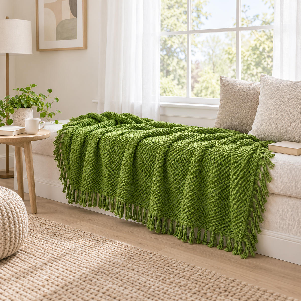 Melsavo grass green knit throw blanket opened across an upholstered window seat in a breakfast alcove