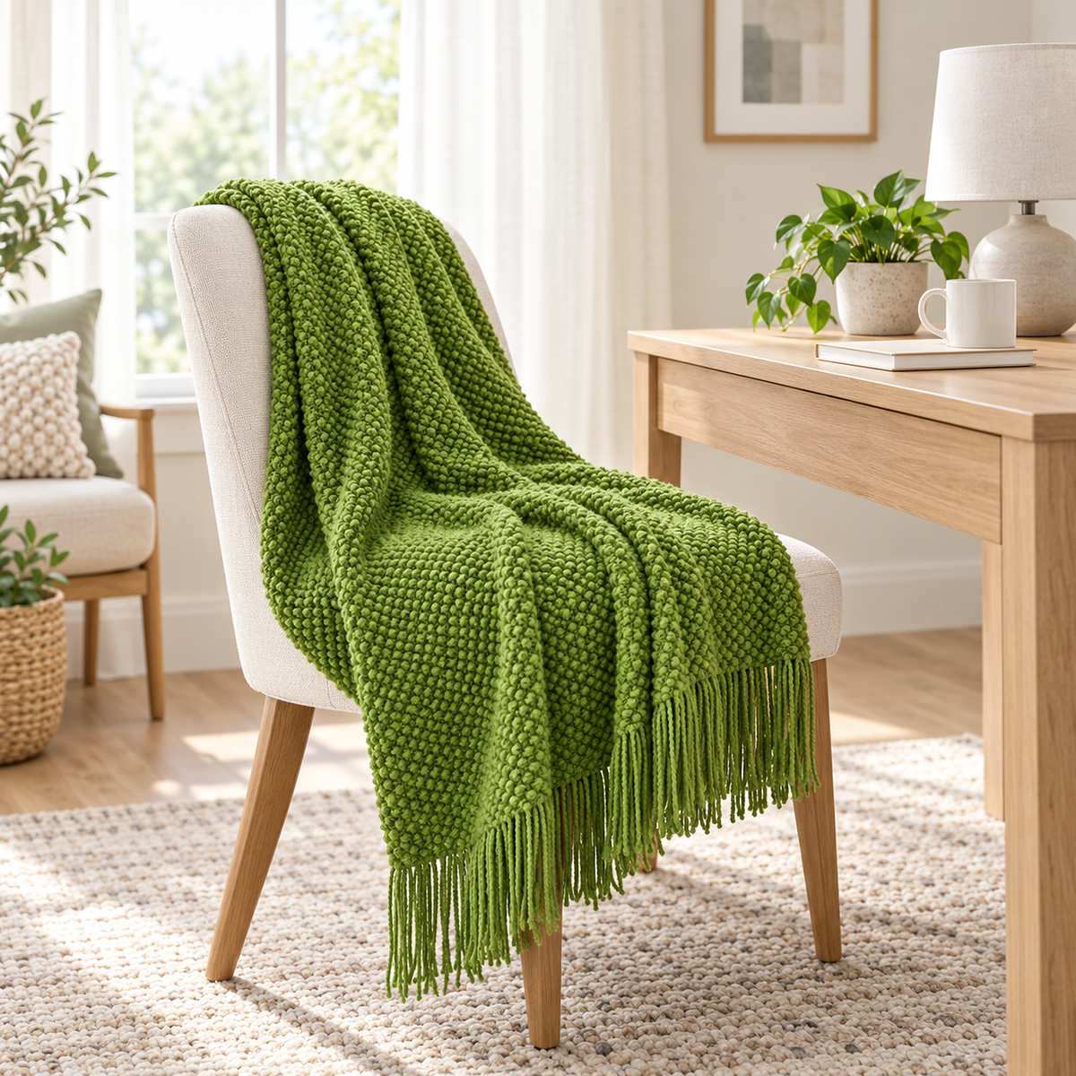 Melsavo grass green knit throw blanket with its fringe hanging from a chair seat in a writing alcove