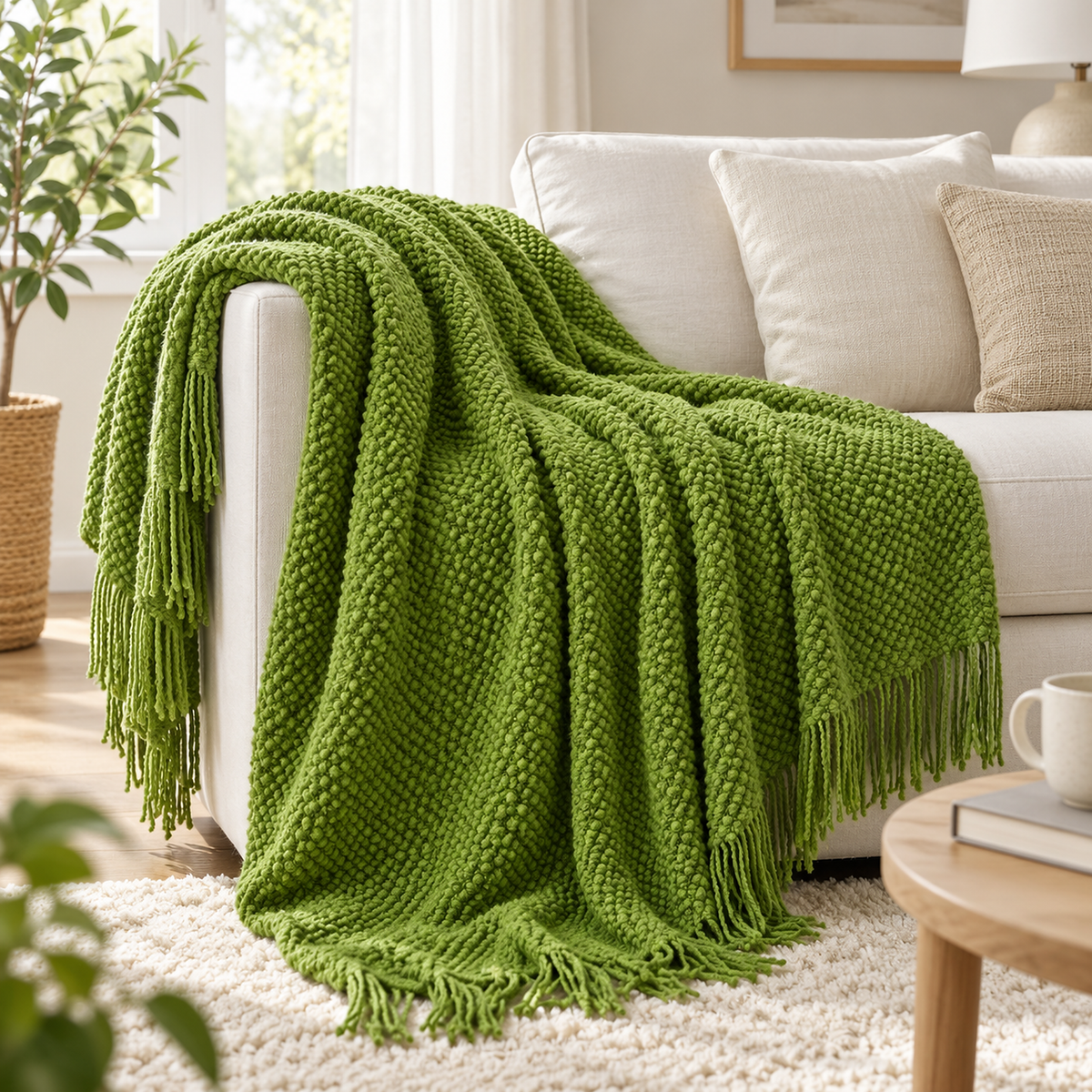 Melsavo grass green throw blanket for couch draped over the arm of a white couch