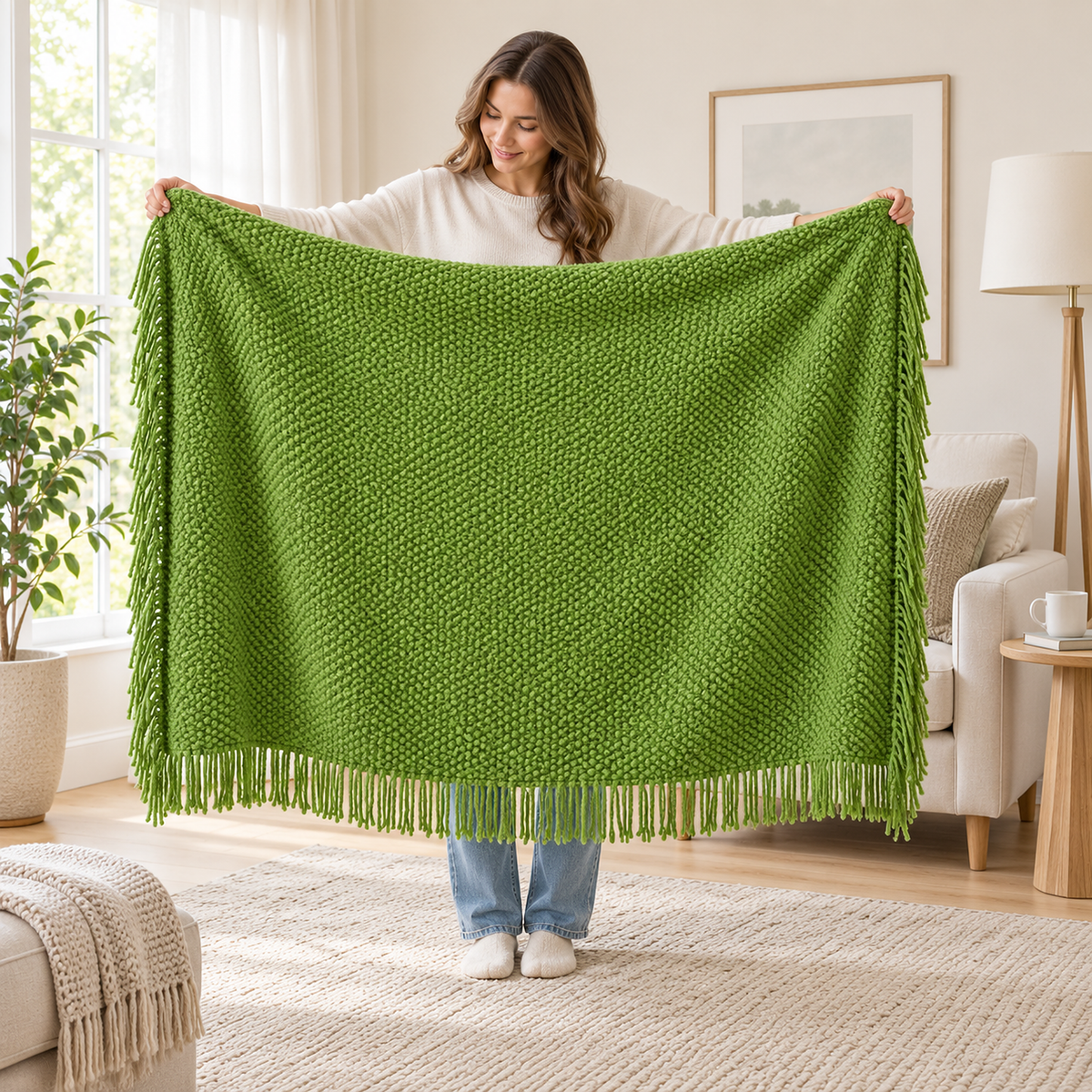 Melsavo grass green throw blanket held fully open by a standing adult to show its 127 by 172 cm size
