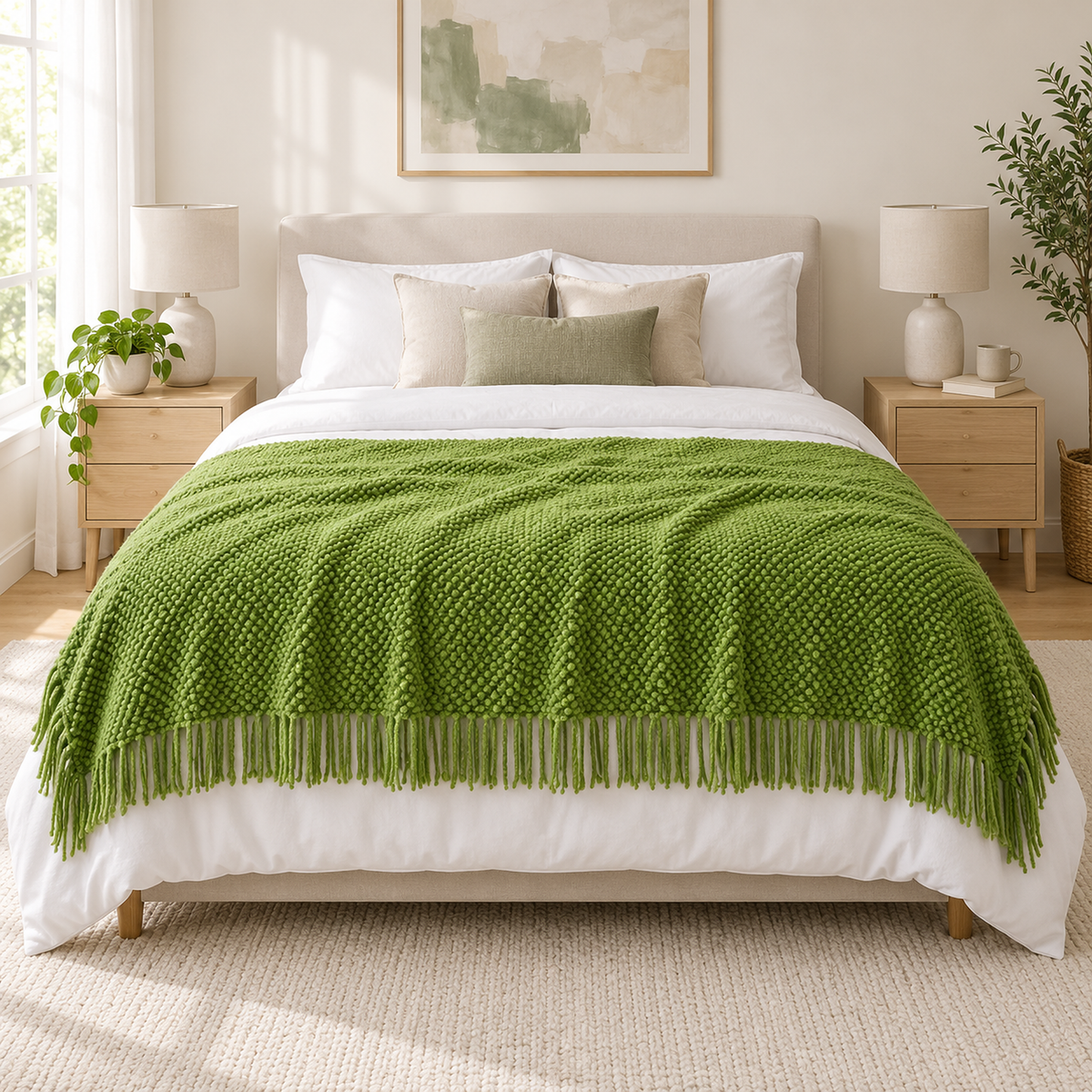 Melsavo grass green throw blanket spread across the foot of a queen bed in the main bedroom
