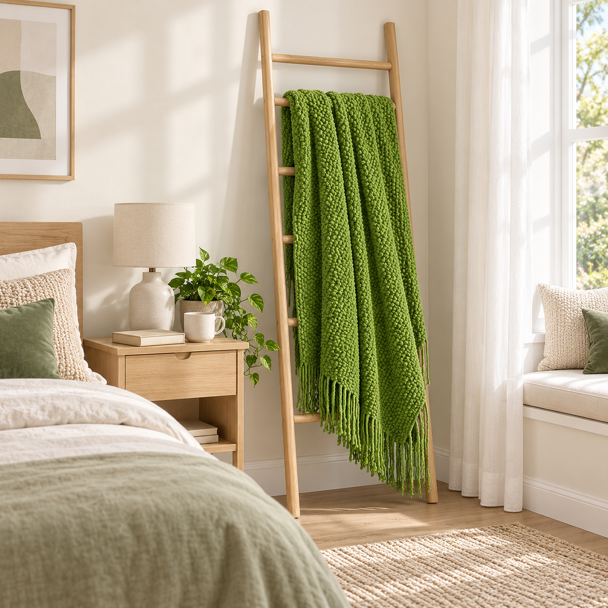 Melsavo grass green throw blanket with fringed ends hanging open on a wooden ladder in a bright bedroom corner
