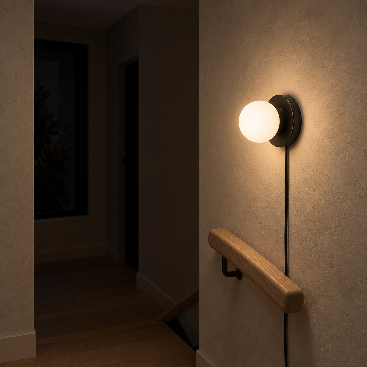 Memilora black plug in wall sconce lighting plaster beside a stair rail at night #color_black