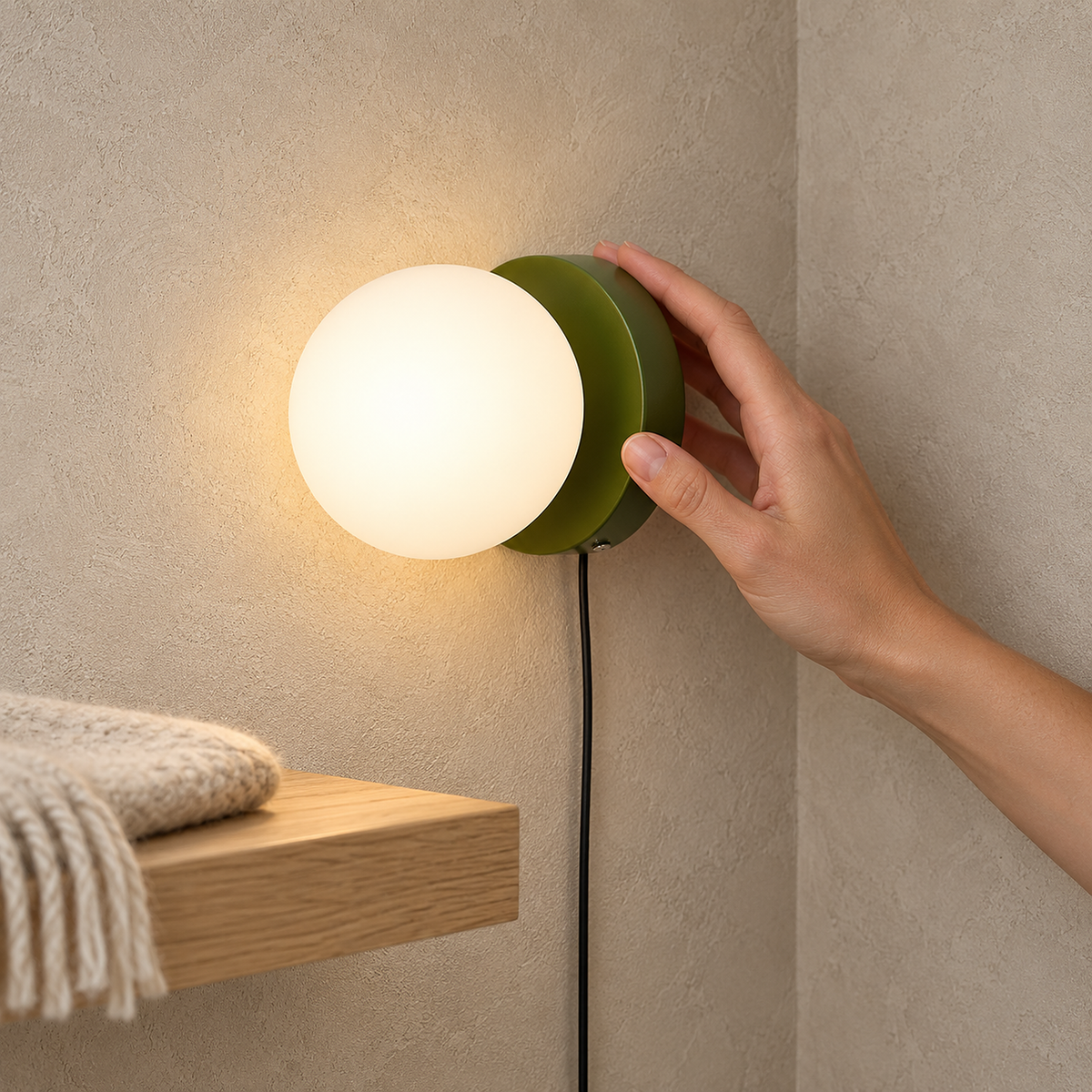 Memilora green wall sconce lit with its cord descending to an outlet