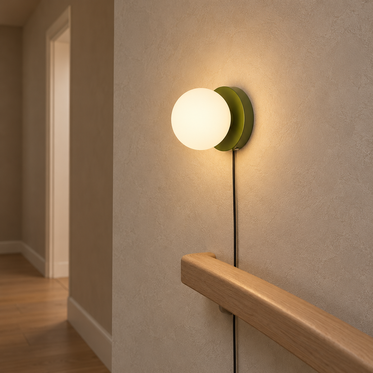 Memilora green wall sconce projecting from plaster beside a stair handrail return