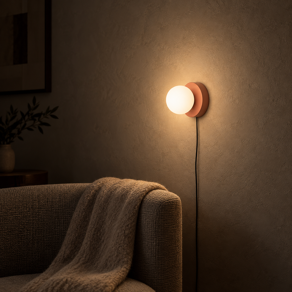 Memilora shrimp pink wall light warming a reading nook chair corner at night #color_shrimp pink