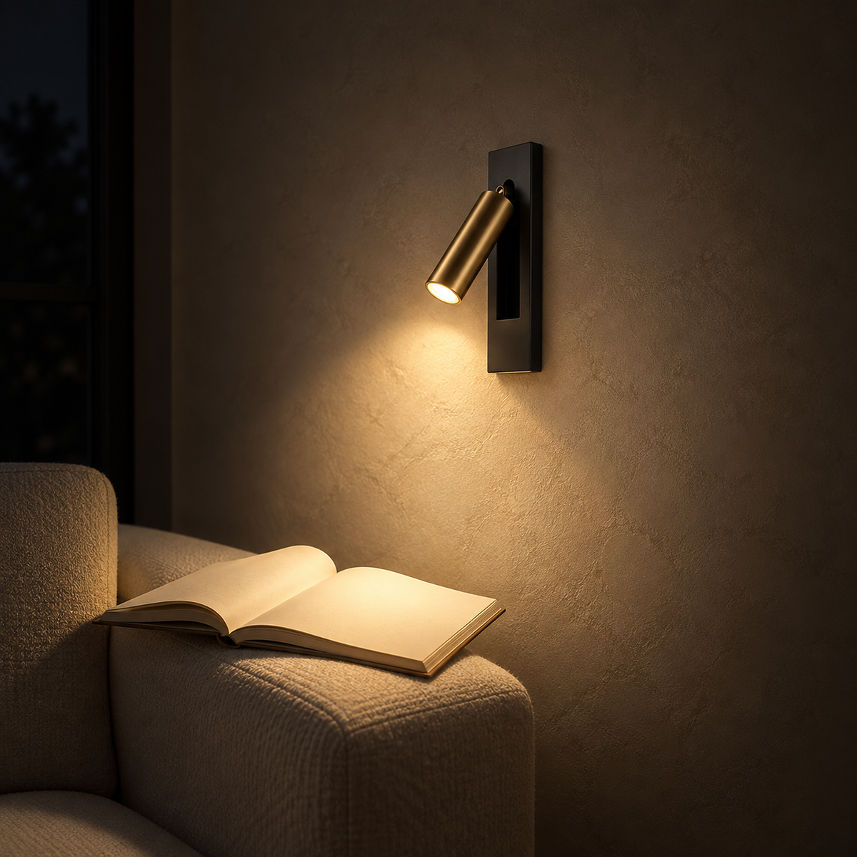 Menaliro black and gold LED wall sconce warming open book pages in a library alcove at night #color_black and gold