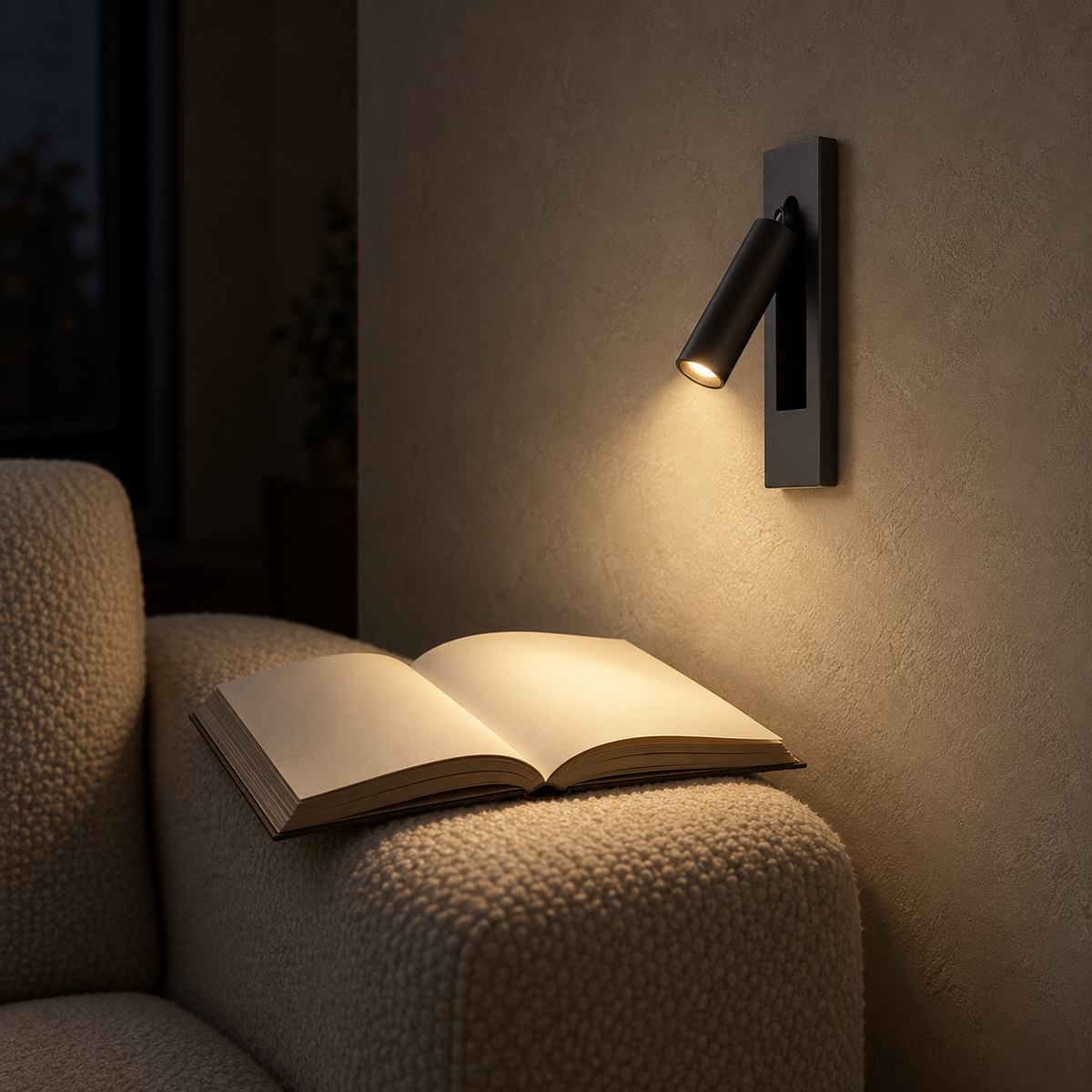 Menaliro black LED wall sconce pooling warm white light onto an open book in a library alcove