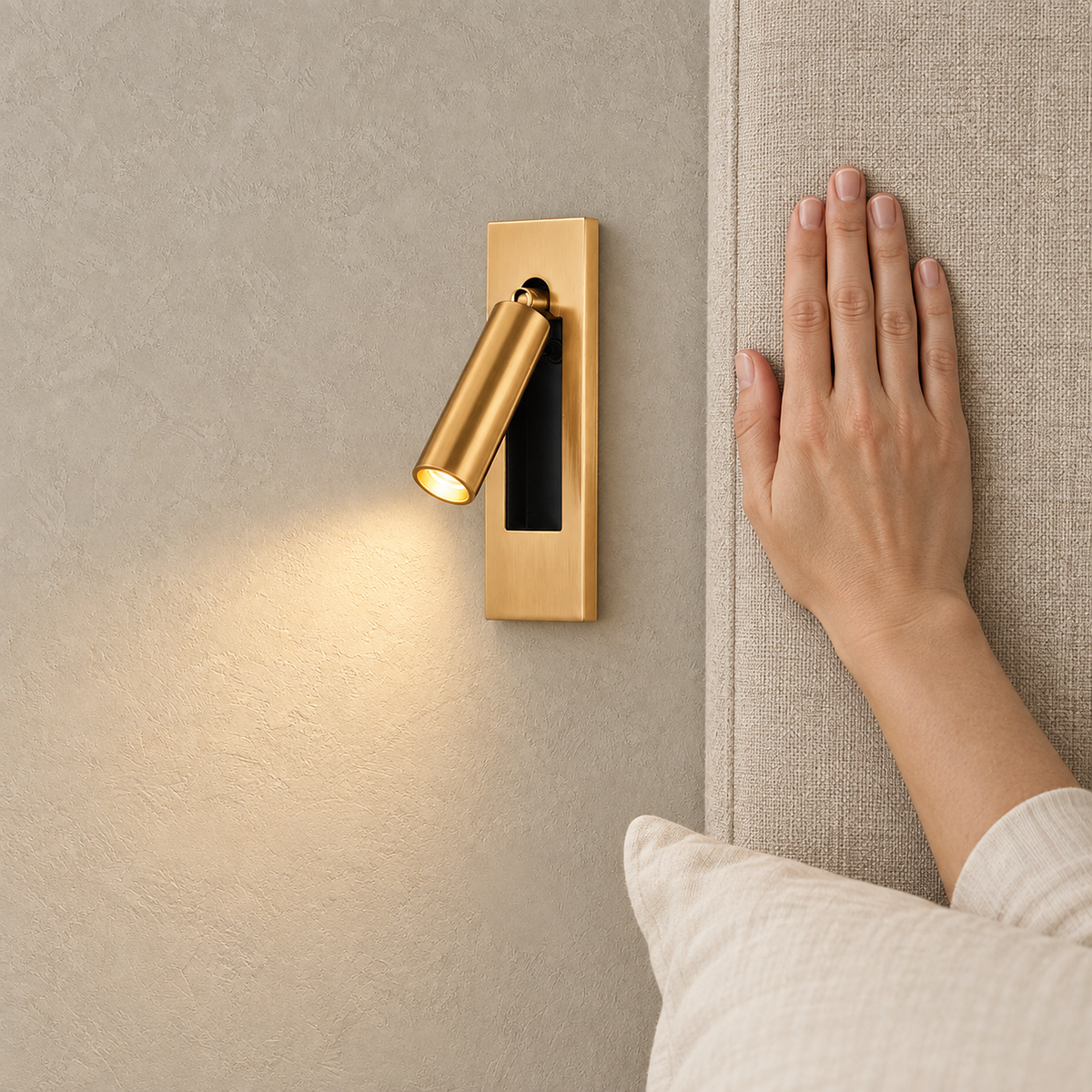 Menaliro gold bedside lamp lit beside oatmeal bedding in a guest sleeping room by day #color_gold