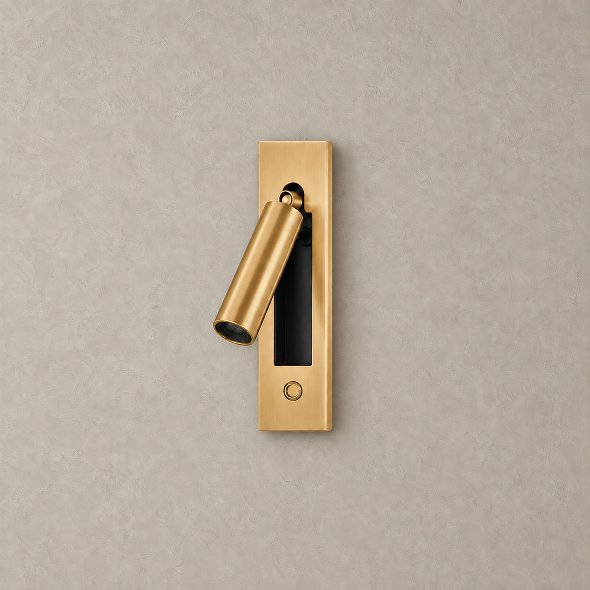 Menaliro gold LED wall sconce with a round button switch on the plate, unlit on greige plaster #color_gold