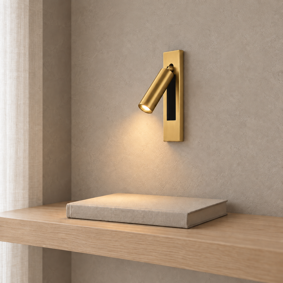 Menaliro gold LED wall sconce with its lit head and visible pivot above a library shelf #color_gold