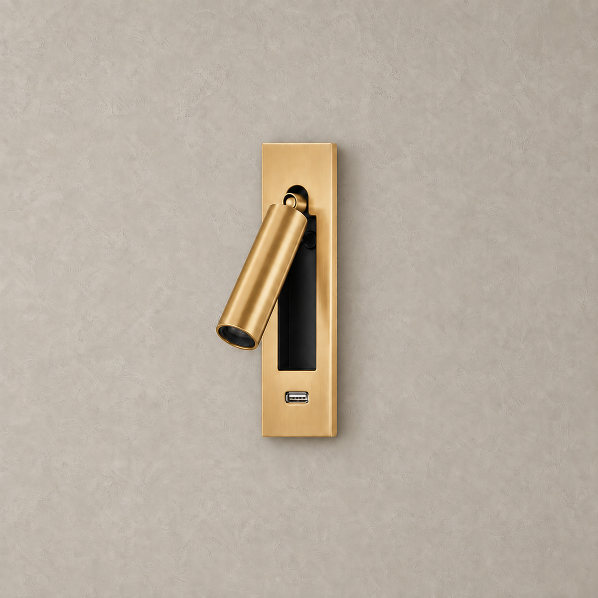 Menaliro gold LED wall sconce with a USB port in the plate, unlit on greige plaster #color_gold
