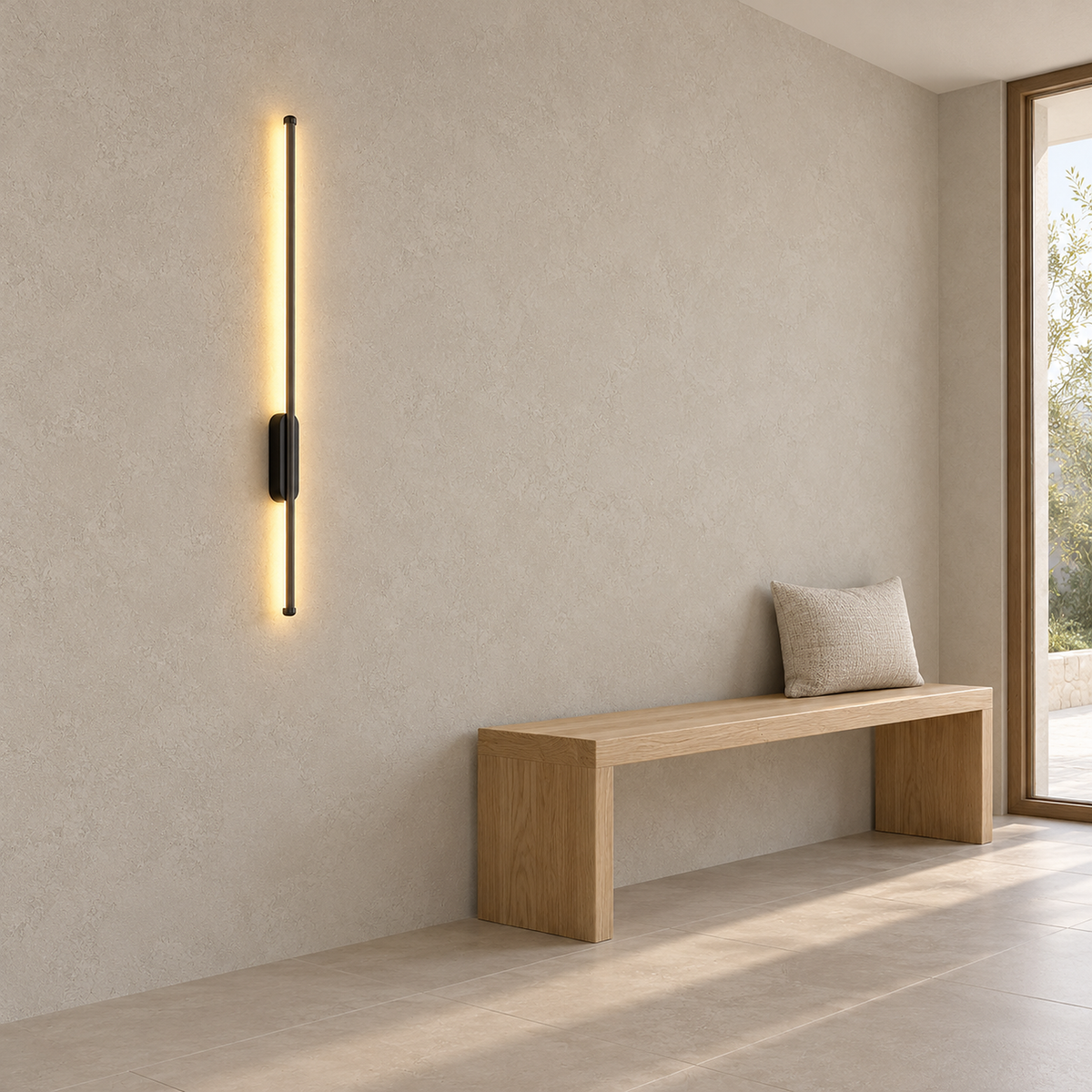Menalvo black battery operated wall sconce, lit shallow profile beside a clear entryway passage