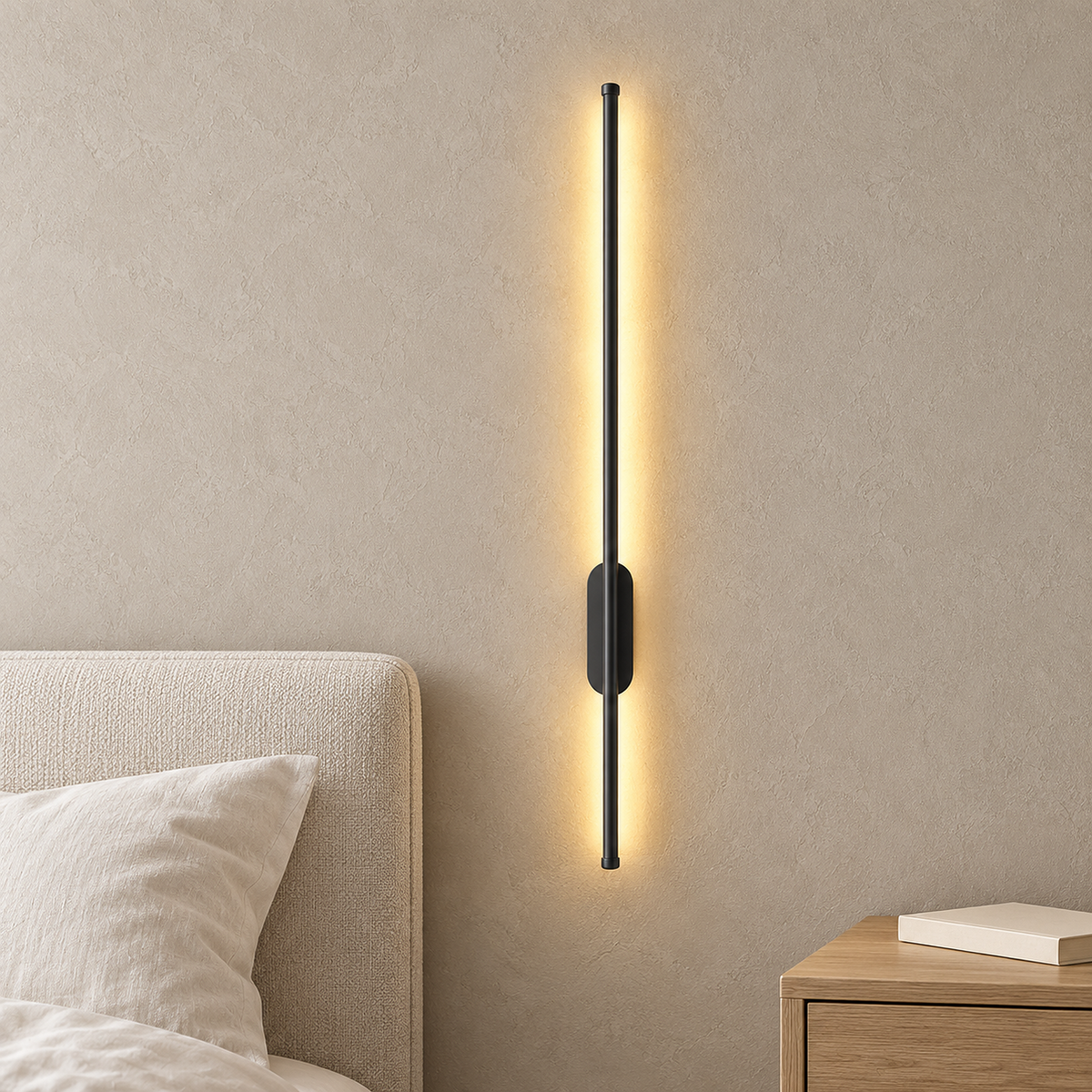 Menalvo black bedside wall light glowing warm beside an ivory bedroom headboard
