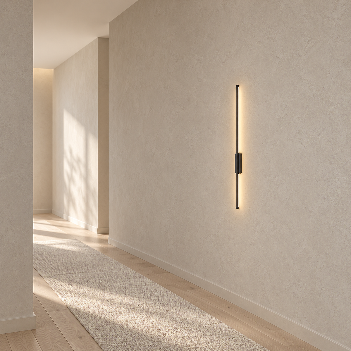 Menalvo black cordless wall lamp lit above clean hallway plaster and a clear floor