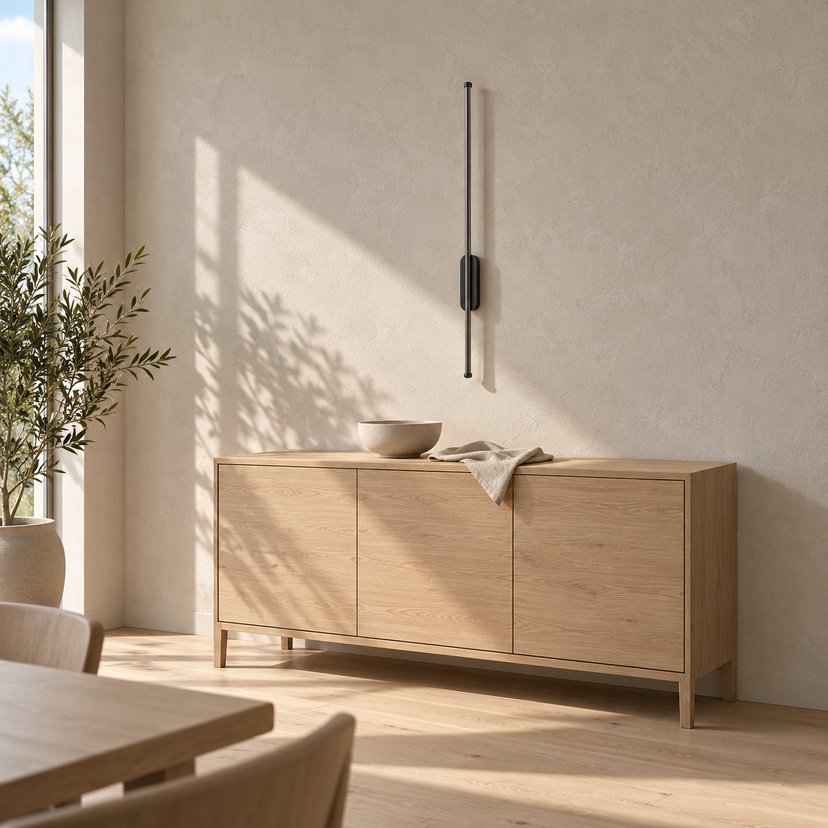 Menalvo black cordless wall lamp, unlit slim fixture above a pale dining sideboard