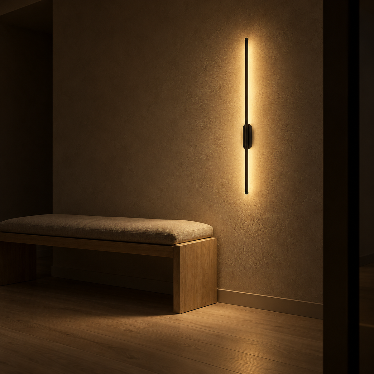 Menalvo black rechargeable wall sconce casting a warm entryway wash over plain plaster at night
