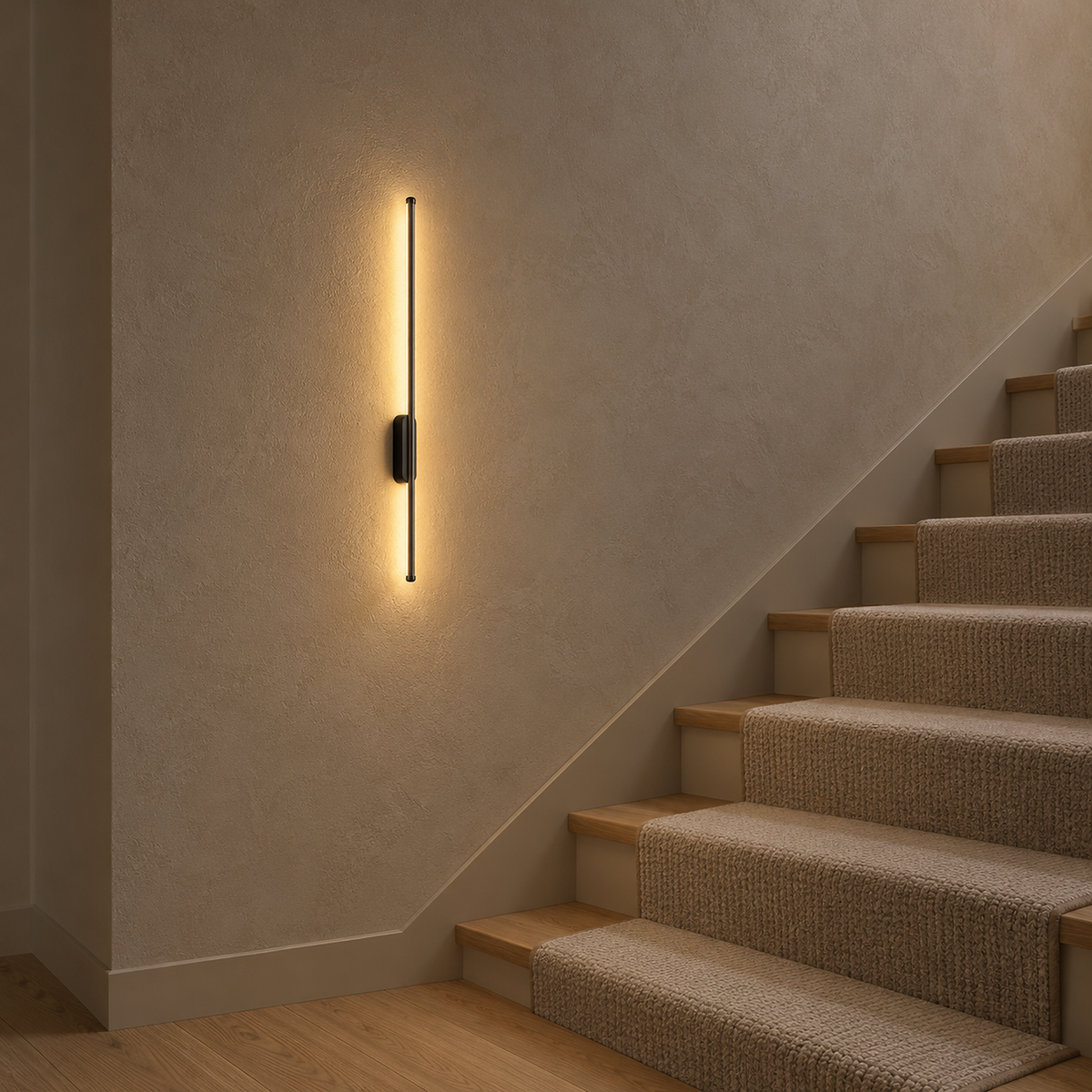 Menalvo black rechargeable wall sconce, lit upright on tall plaster beside the stairs