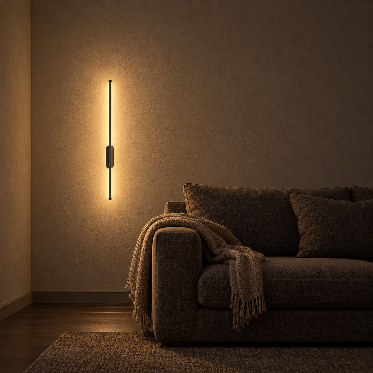 Menalvo black wall light casting warm golden light on plaster beside a dark brown sofa with a draped throw