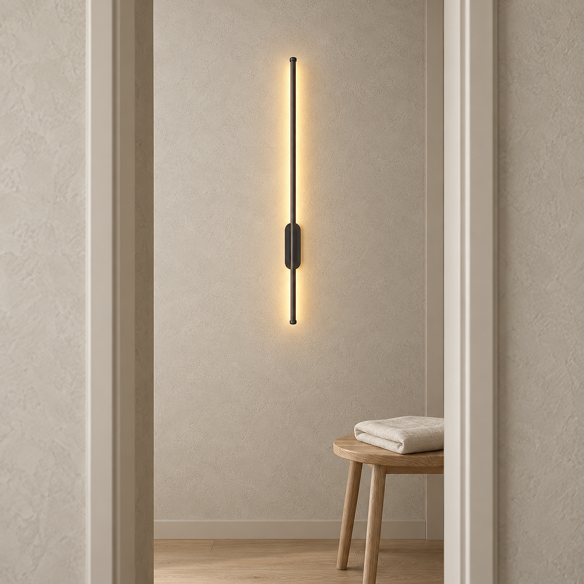 Menalvo black wall sconce, slim upright light in a compact gap between dressing room doorways