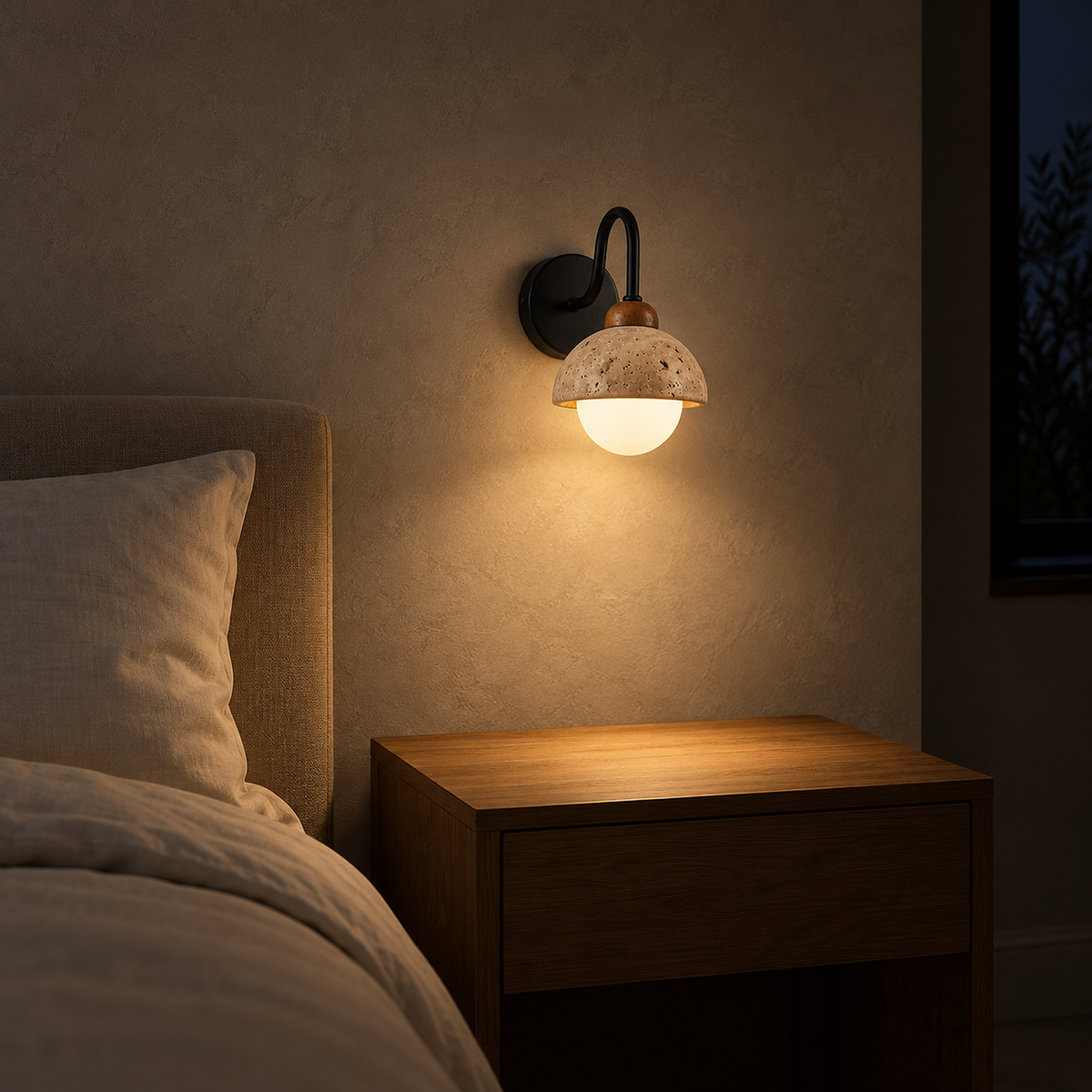 Meratilo yellow travertine and black bedside lamp lighting an empty bedroom table after dark