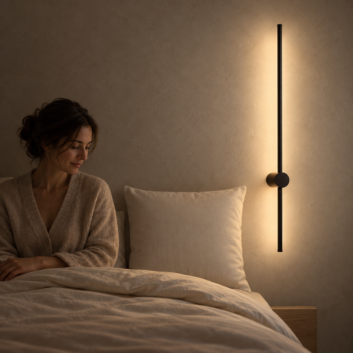 Merisano black battery operated wall sconce lighting the wall beside a guest seated at bedtime