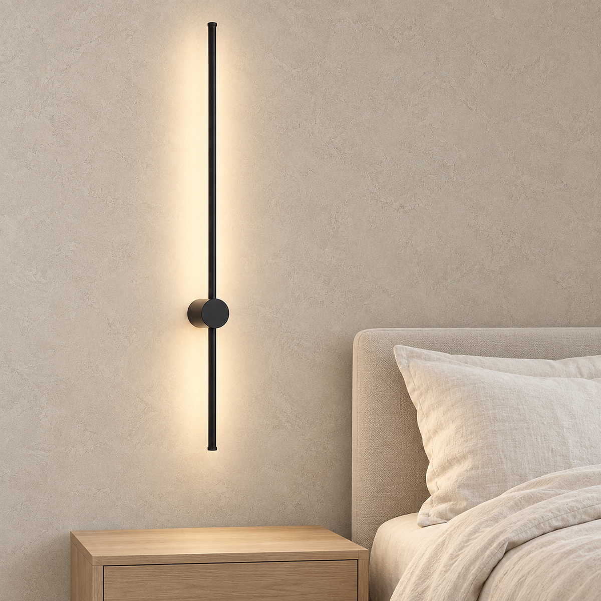 Merisano black cordless wall lamp lit above an empty bedside table in a guest sleeping alcove