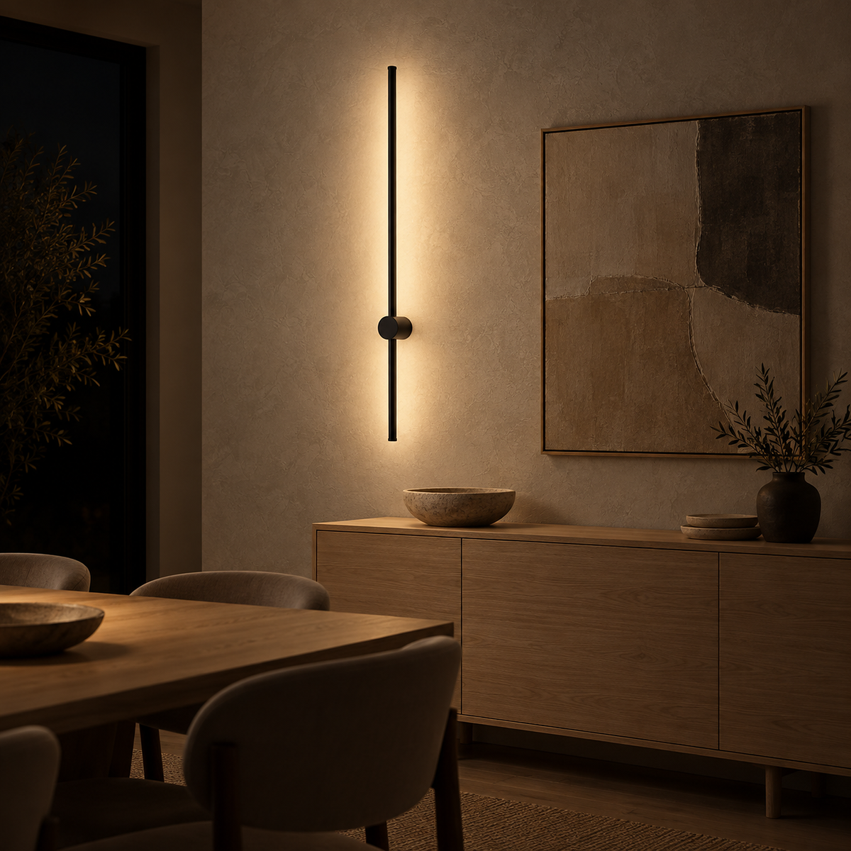 Merisano black LED wall sconce washing soft warm light over plaster beside framed artwork at night