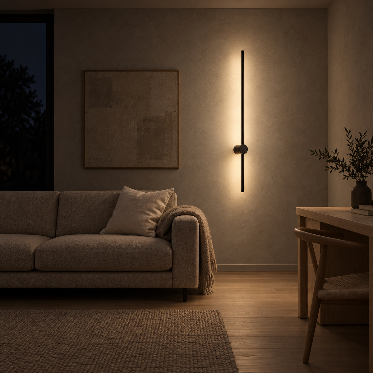Merisano black rechargeable wall sconce casting a soft warm band on plaster by a home office sofa