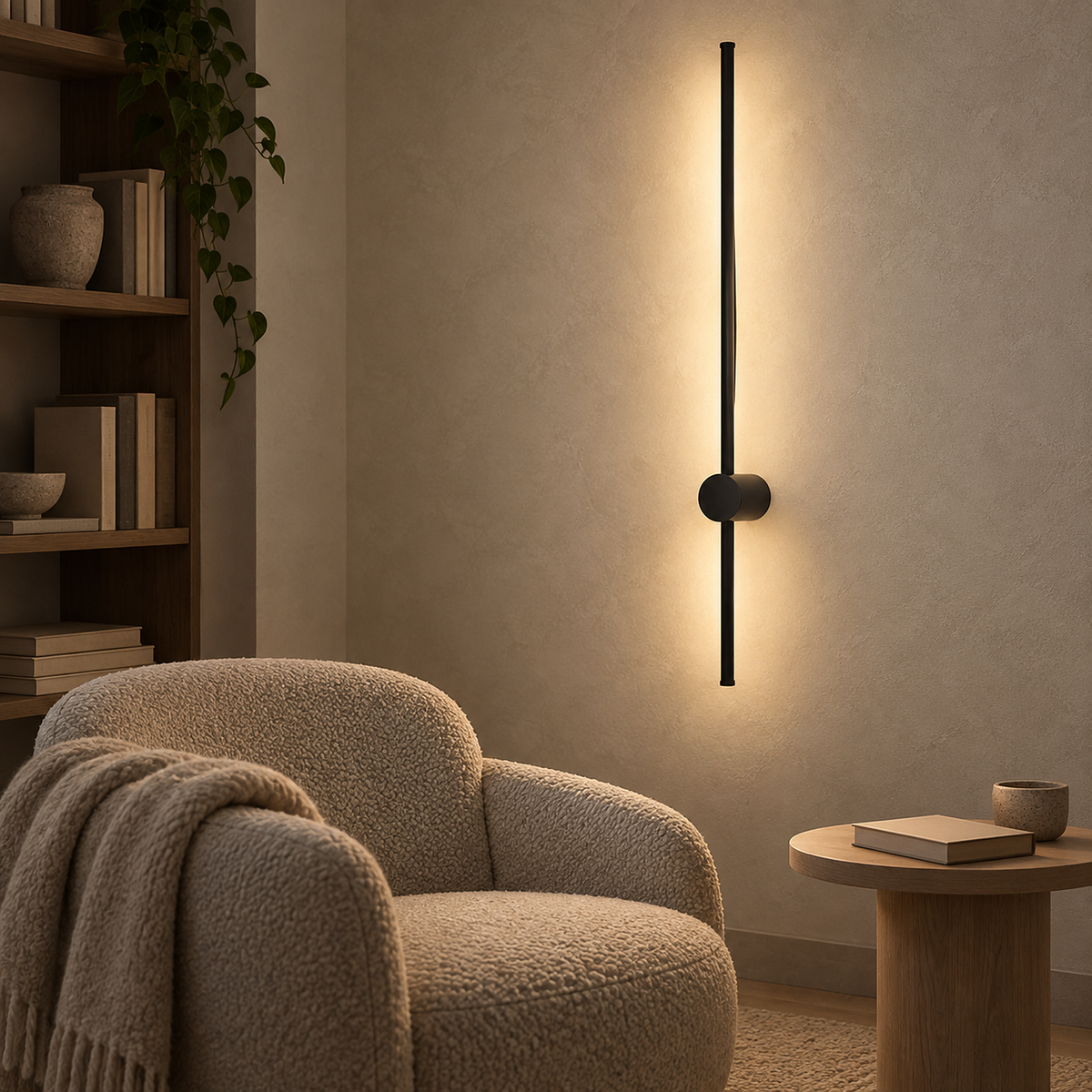 Merisano black wireless wall light casting warm light beside an upholstered library chair