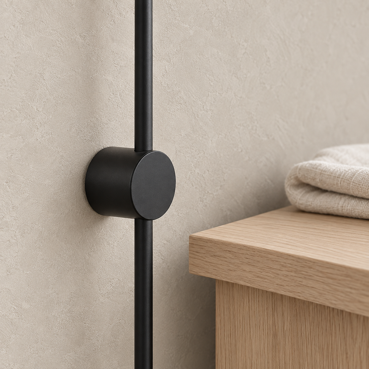 Merisano black wireless wall light seen close up, round base and aluminum rod finish
