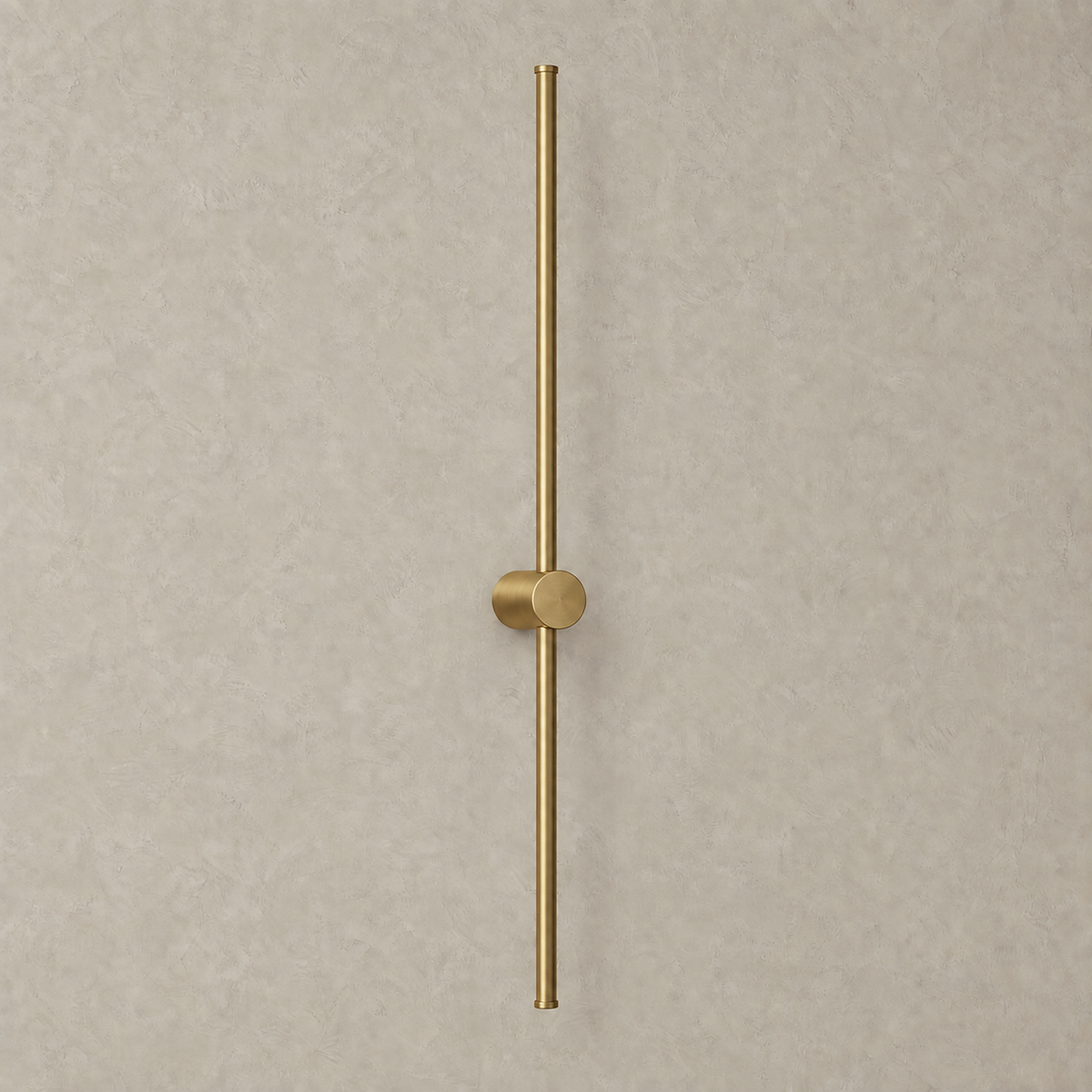 Merisano copper LED wall sconce unlit on greige plaster, showing the copper body finish #color_copper
