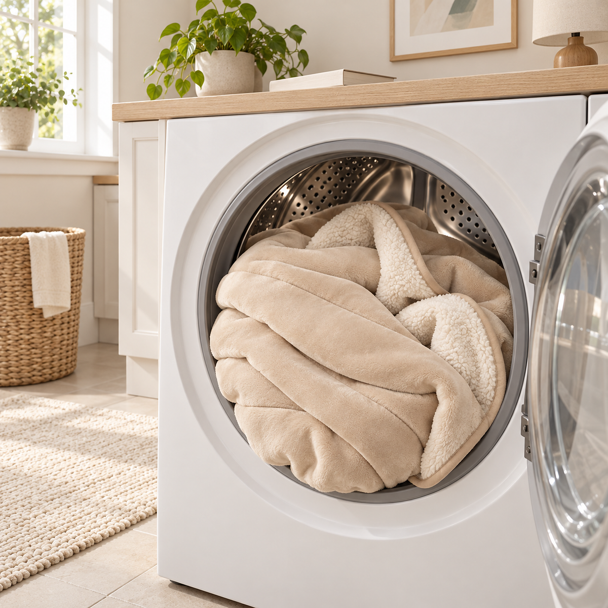 Merivola beige machine washable fleece throw blanket loaded into a washer in a bright utility room