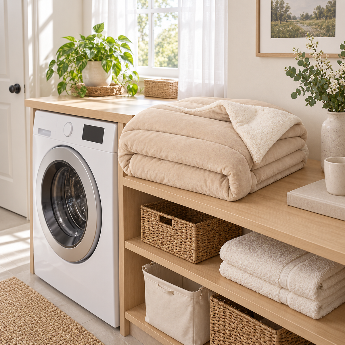 Merivola beige machine washable sherpa fleece blanket folded beside a front loading washer with lambswool back showing
