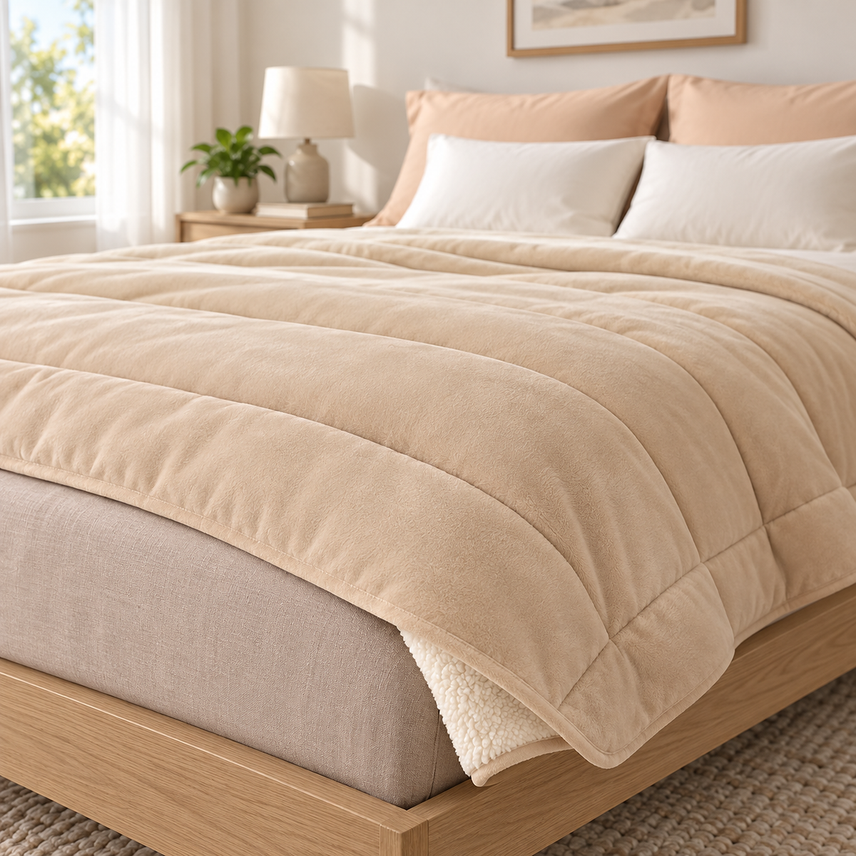 Merivola beige sherpa fleece blanket corner resting over the bedding on a made twin bed