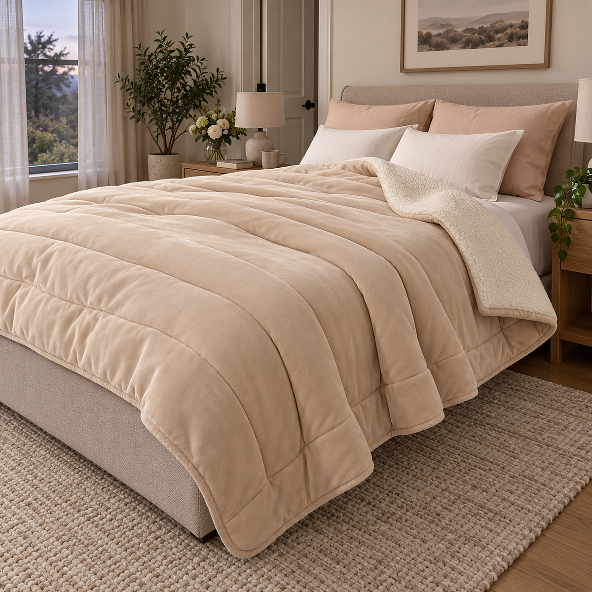 Merivola beige sherpa fleece blanket on a queen bed falling past the mattress in a daylit guest bedroom