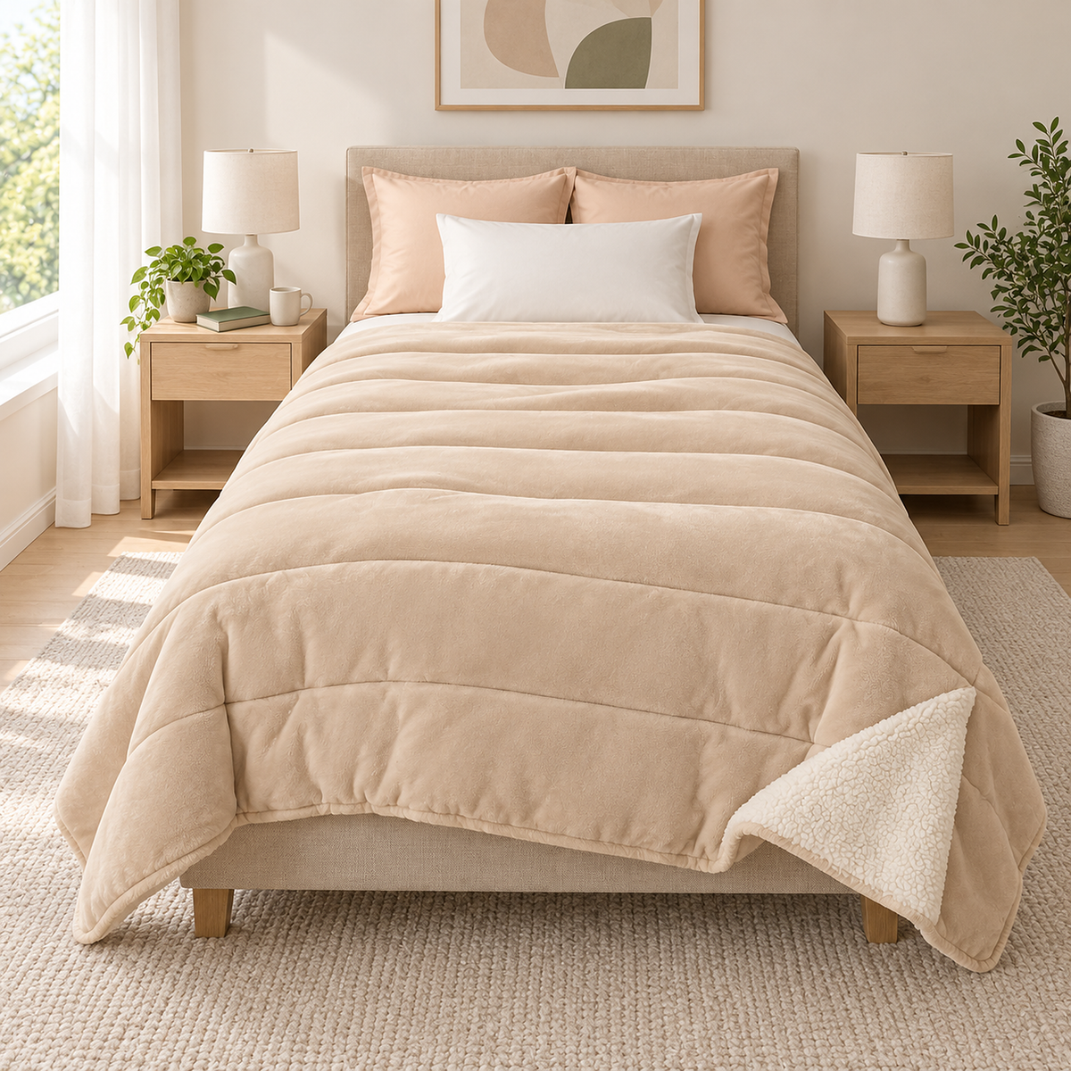 Merivola beige sherpa throw blanket centered on a twin bed with equal drops on both sides