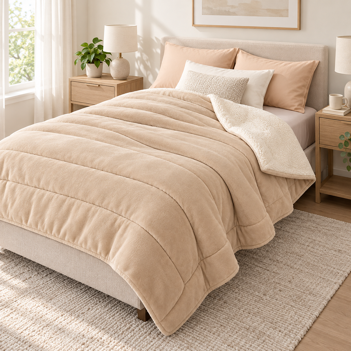 Merivola beige sherpa throw blanket turned down on a guest bed to show its artificial lambswool reverse