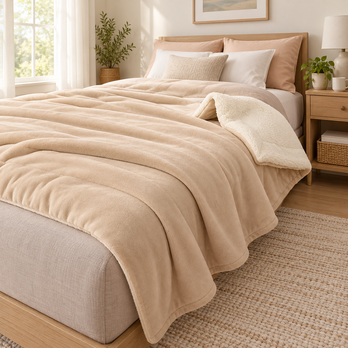 Merivola beige throw blanket draped over the mattress edge of a made twin bed in daylight