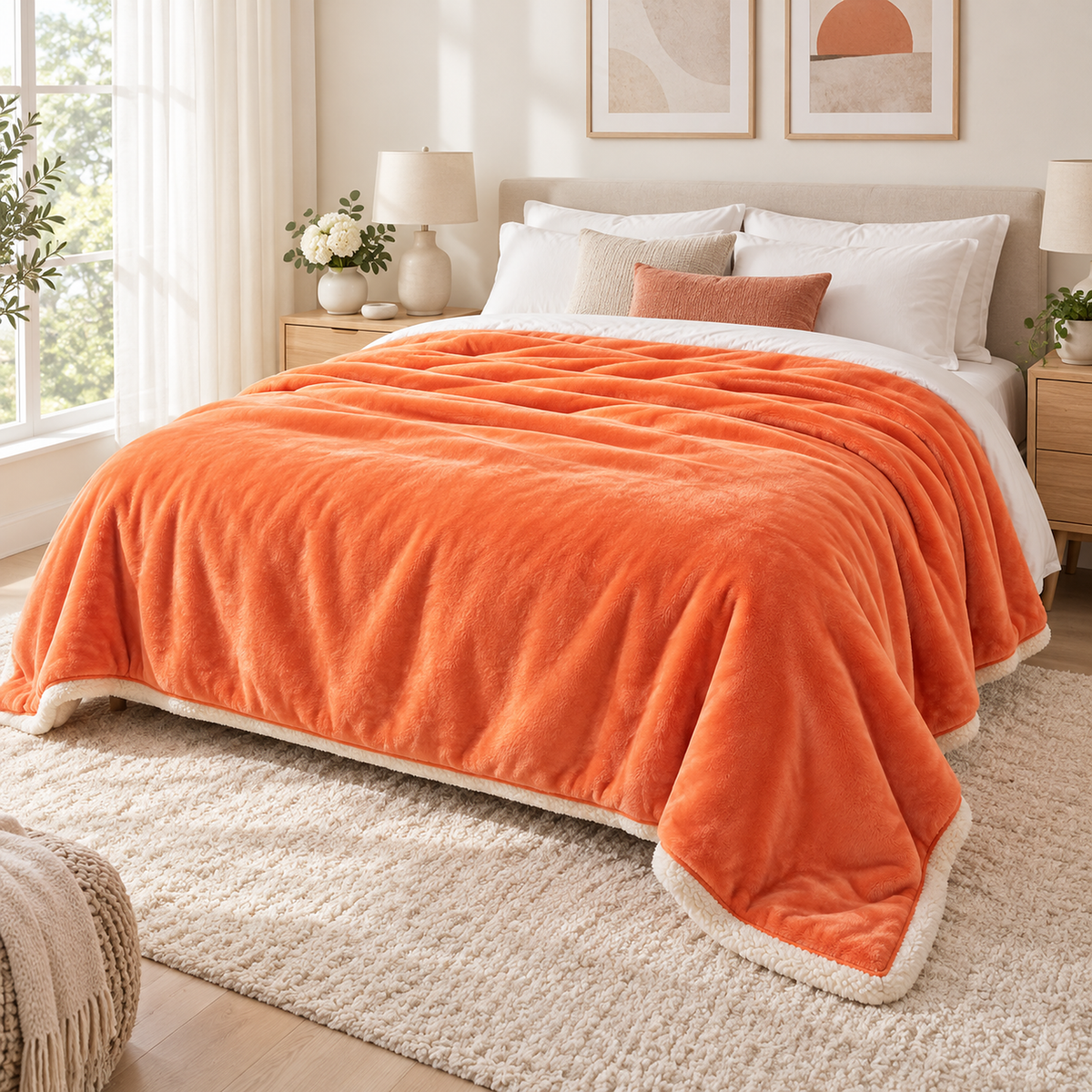 Merivola orange fleece throw blanket spread across a bright made queen bed in daylight #color_orange