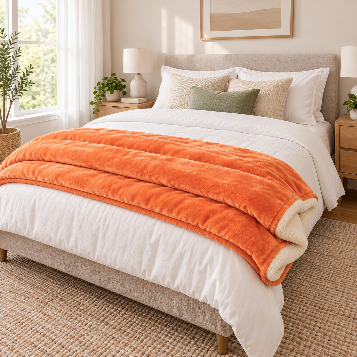 Merivola orange sherpa fleece blanket folded at the foot of a made bed in a bright bedroom #color_orange