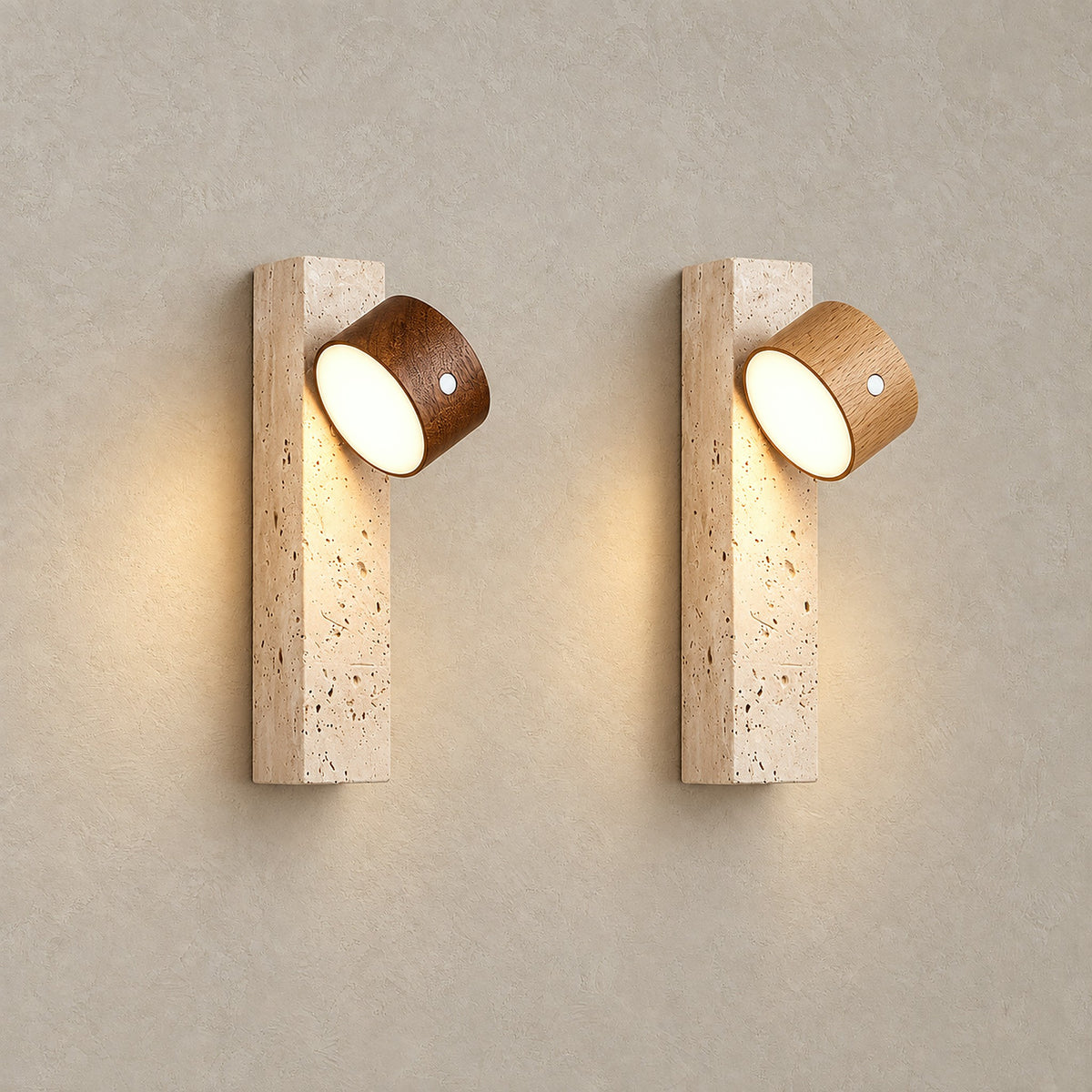 Mernavo dark wood and yellow travertine and light wood and yellow travertine wall sconce pair lit side by side