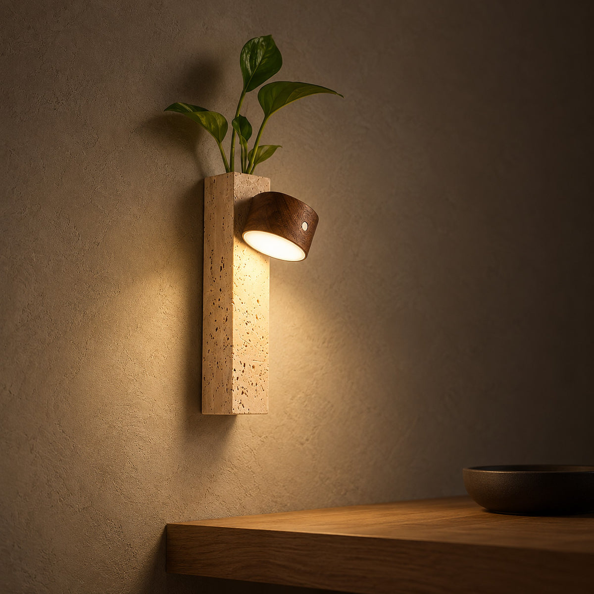 Mernavo dark wood and yellow travertine battery operated wall sconce lighting an entryway at night