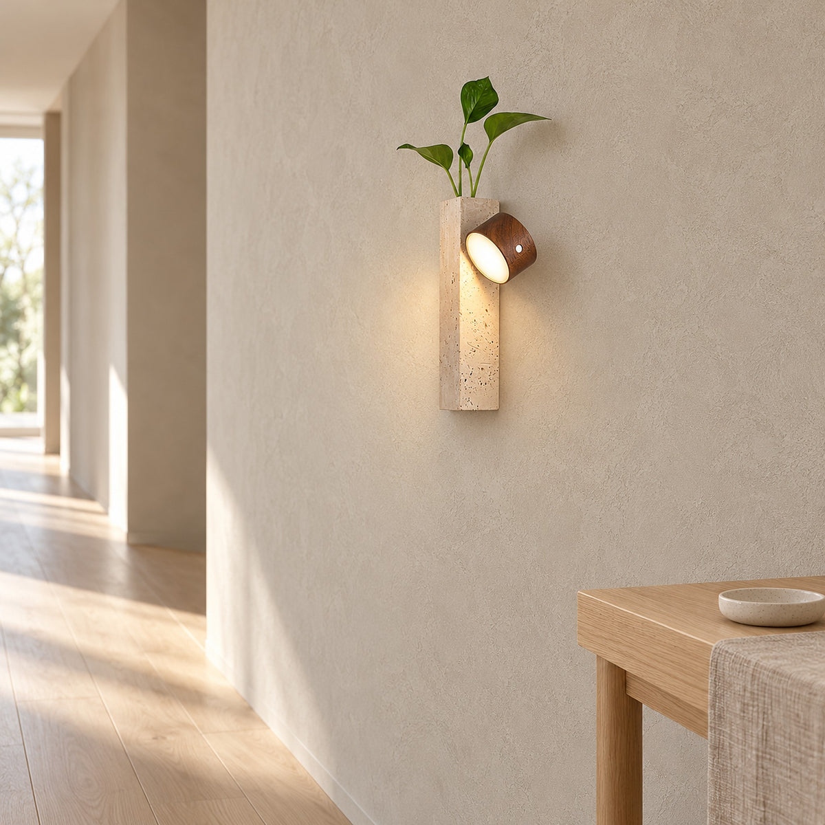 Mernavo dark wood and yellow travertine wall lamp lit on a clear hallway wall in daylight