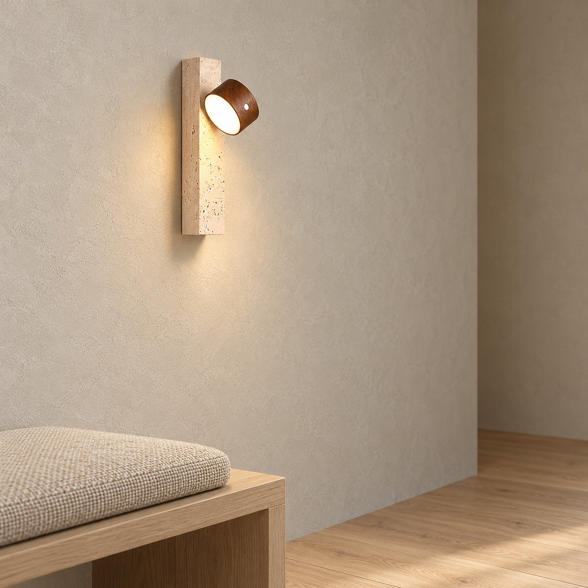 Mernavo dark wood and yellow travertine wall lamp side view showing its shallow 4.7 inch projection
