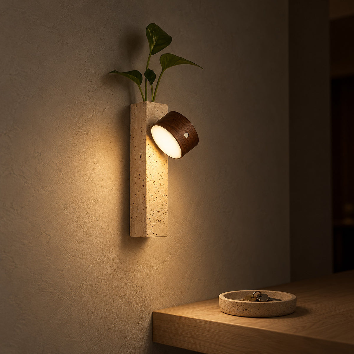 Mernavo dark wood and yellow travertine wall light giving a gentle warm glow in an evening entryway