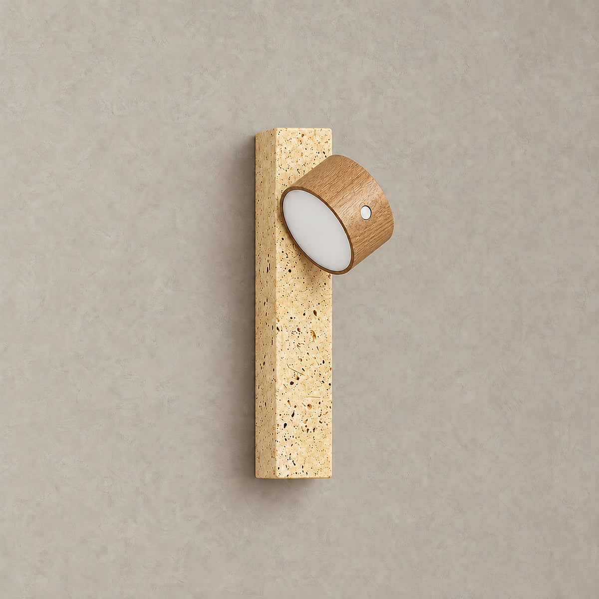 Mernavo light wood and yellow travertine rechargeable wall sconce switched off, a compact bedside wall light #color_light wood & yellow travertine